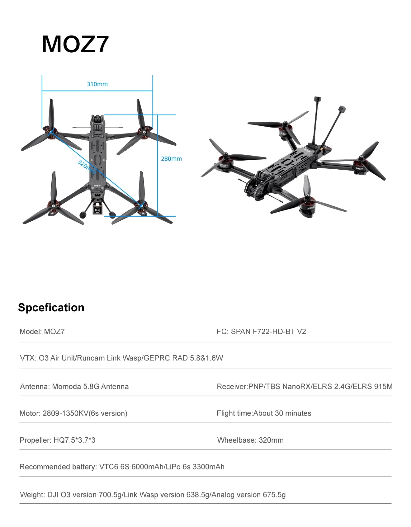 GEPRC MOZ7 Analog Long Range FPV 7Inch 6S F722-HD-BT Built-in Bluetooth RC Quadcopter LongRange Freestyle Drone Racing Kit