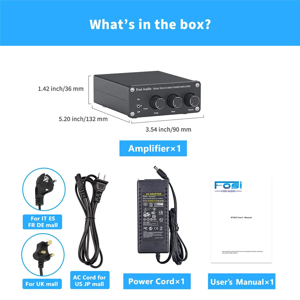 Fosi Audio TPA3116D2 Stereo Amplifier Receiver 2 Channel Mini HiFi Power Amplifier Audio For Home Speakers Bass Treble