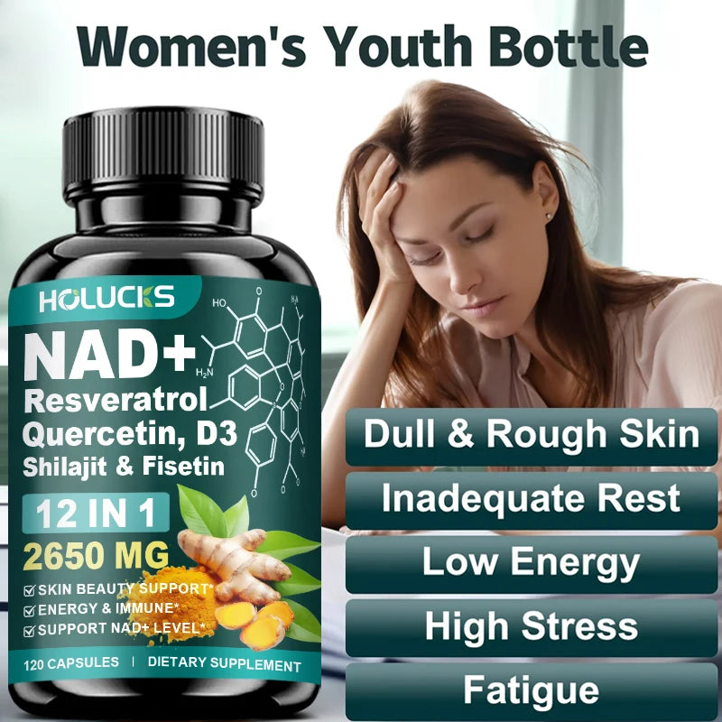 NAD+ Capsules Boost-with Resveratrol Supplement, 12 in 1, Enhance Cellular Vitality, Support Energy & Focus, Immune, Skin Health