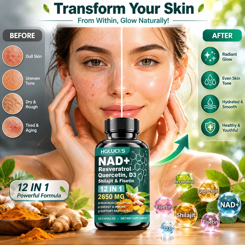 NAD+ Capsules Boost-with Resveratrol Supplement, 12 in 1, Enhance Cellular Vitality, Support Energy & Focus, Immune, Skin Health