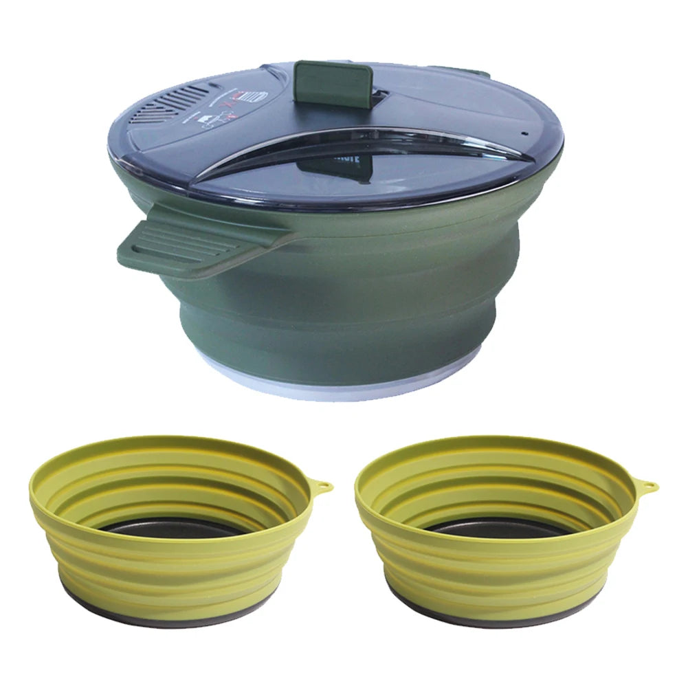 Portable Folding Pot Lunch Box Camping Pot Set with 2 Foldable Bowls Silicone Cooking Food Container Outdoor Camping Tableware