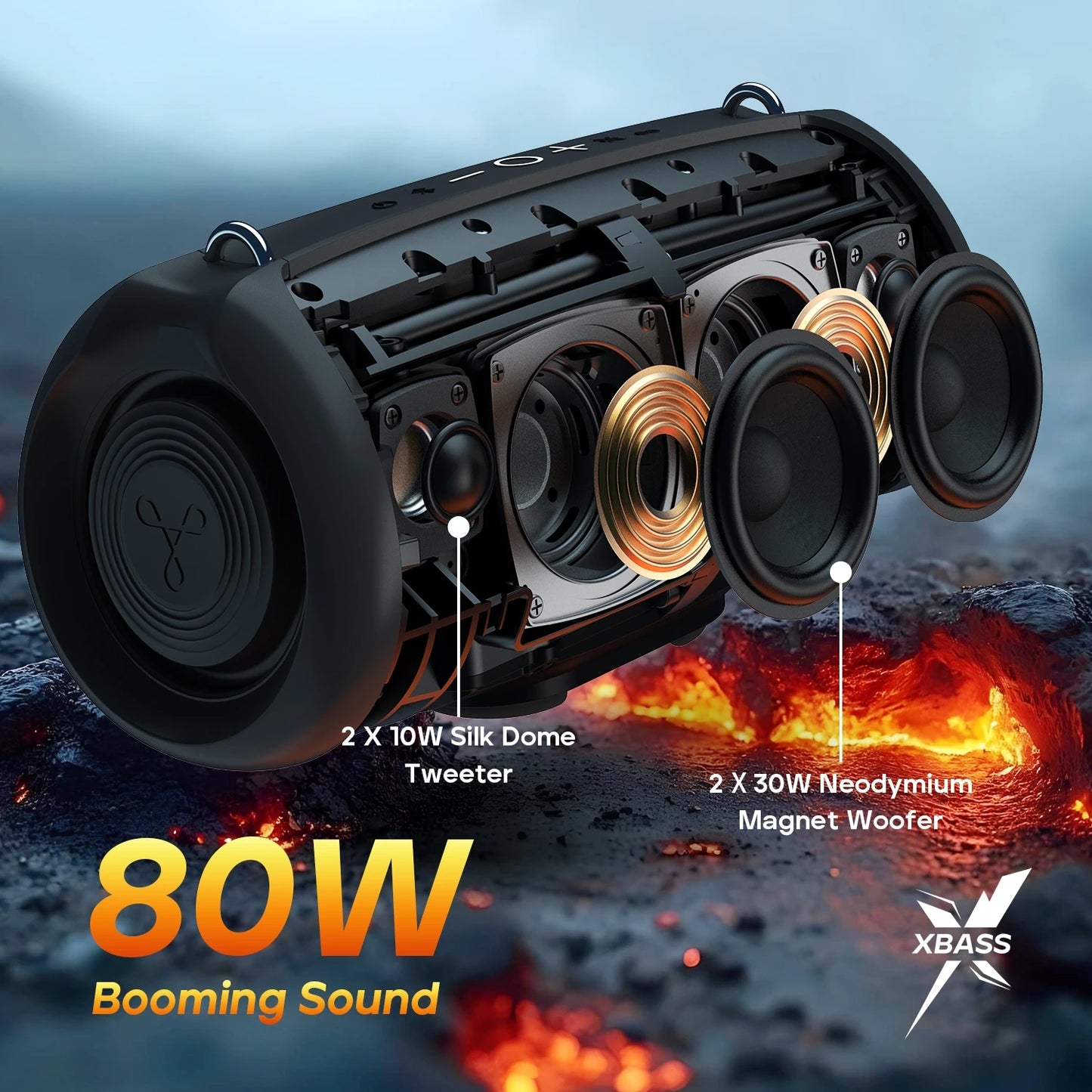 TRIBIT StormBox Lava 80W Portable Bluetooth Speaker Built-in Powerbank, APP Control, IP67 Waterproof for Outdoor, Camping, Party