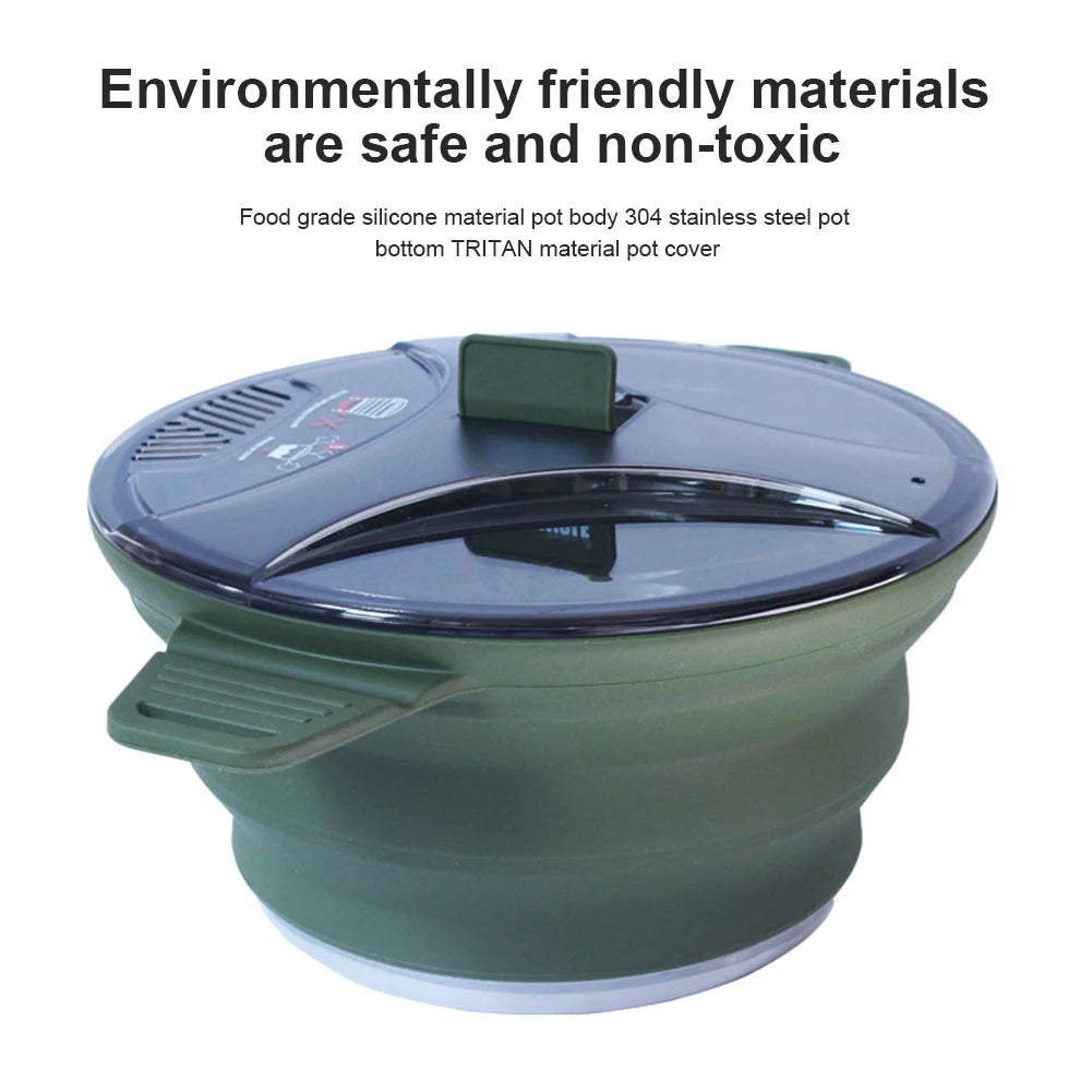 Portable Folding Pot Lunch Box Camping Pot Set with 2 Foldable Bowls Silicone Cooking Food Container Outdoor Camping Tableware