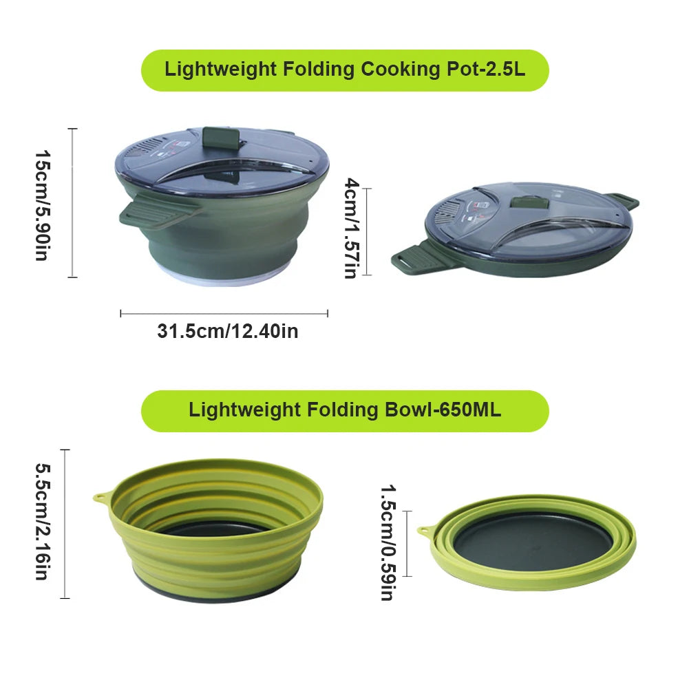 Portable Folding Pot Lunch Box Camping Pot Set with 2 Foldable Bowls Silicone Cooking Food Container Outdoor Camping Tableware