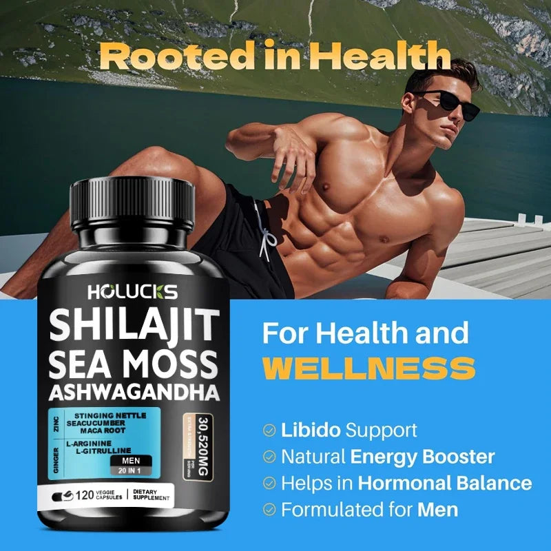 Premium Sea Moss Shilajit Ashwagandha Herbal Capsules, Boost Energy, Immune Support, Enhance Vitality & Overall Wellness