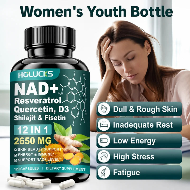 NAD+ Capsules Boost-with Resveratrol Supplement, 12 in 1, Enhance Cellular Vitality, Support Energy & Focus, Immune, Skin Health