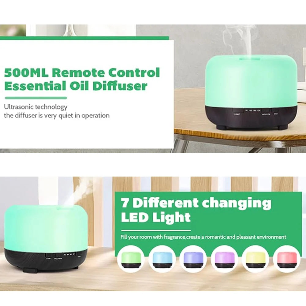 500ml Ultrasonic Essential Oil Diffuser with Remote Control for Large Rooms Quiet Aromatherapy Humidifier for Home Wellness