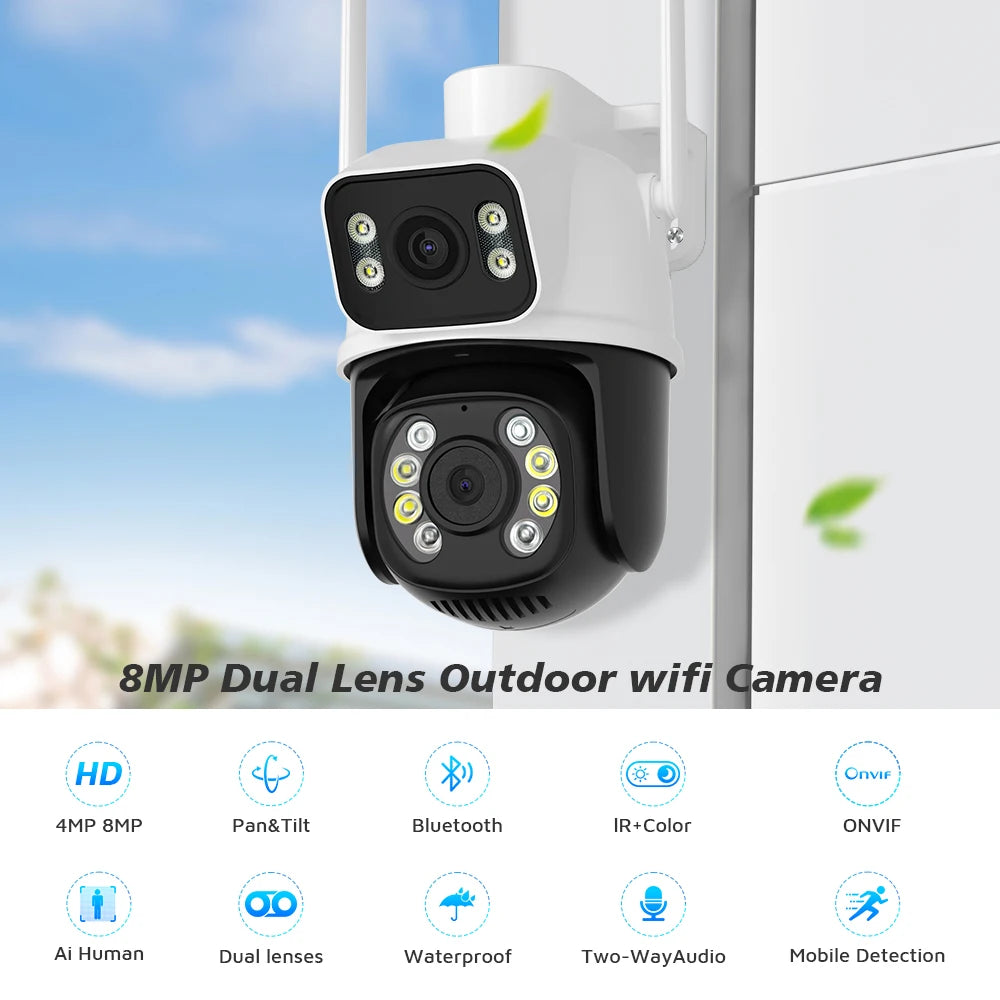 8MP 4K iCSee Wifi Camera Outdoor Dual lens Dual Screen Ai Human Detection Auto tracking Security Protection IP Wifi Surveillance