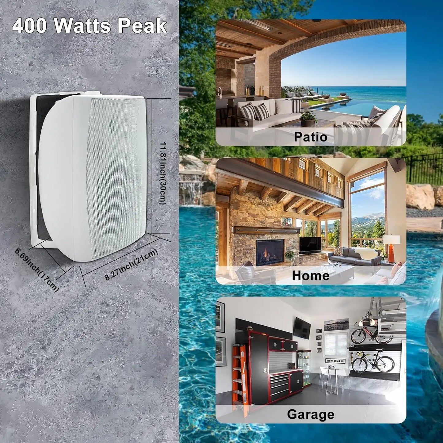 Herdio 6.5'' 400W  Indoor Outdoor Bluetooth Speakers Waterproof Wired With Powerful Bass 2 Way Wall Mount Speakers All-Weather
