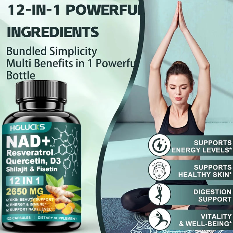 NAD+ Capsules Boost-with Resveratrol Supplement, 12 in 1, Enhance Cellular Vitality, Support Energy & Focus, Immune, Skin Health