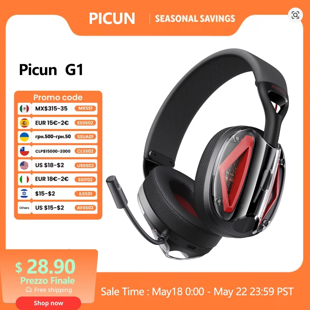 Picun G1 2.4GHz Gaming Wireless Headset 3D Surround Sound Spatial Audio ENC HD Mic Headphones for Gamer Lightweight PS5 PC Phone
