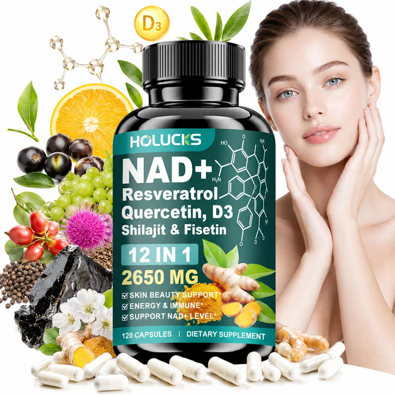 NAD+ Capsules Boost-with Resveratrol Supplement, 12 in 1, Enhance Cellular Vitality, Support Energy & Focus, Immune, Skin Health
