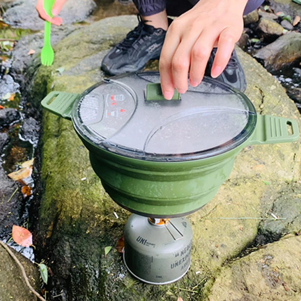 Portable Folding Pot Lunch Box Camping Pot Set with 2 Foldable Bowls Silicone Cooking Food Container Outdoor Camping Tableware