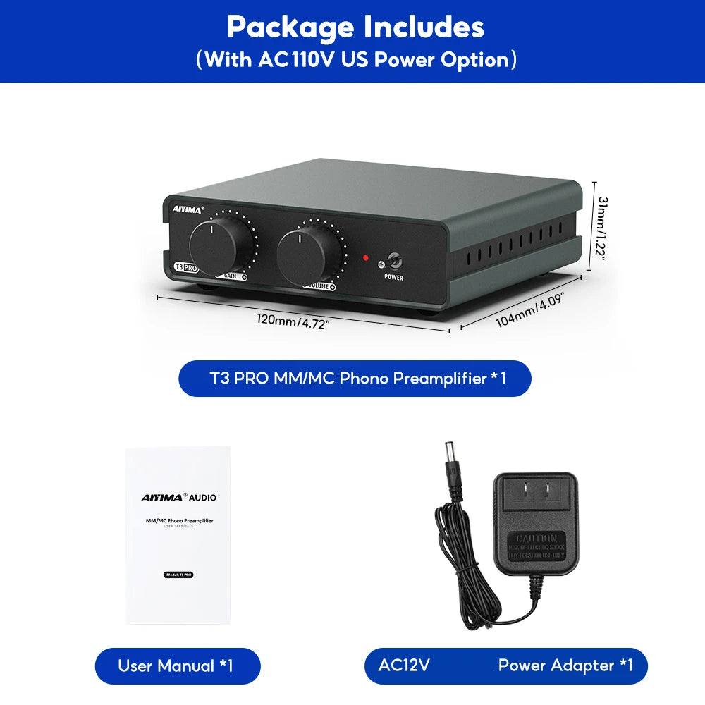 AIYIMA Audio T3 Pro Mini MM/MC Phono Preamplifier for Turntable Phonograph Vinyl Record Player Stereo Preamp Gain adjustment