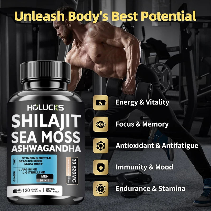 Sea Moss Shilajit Ashwagandha Capsules, Natural Herbal Supplement for Energy, Immune Support, Vitality & Daily Wellness for Men