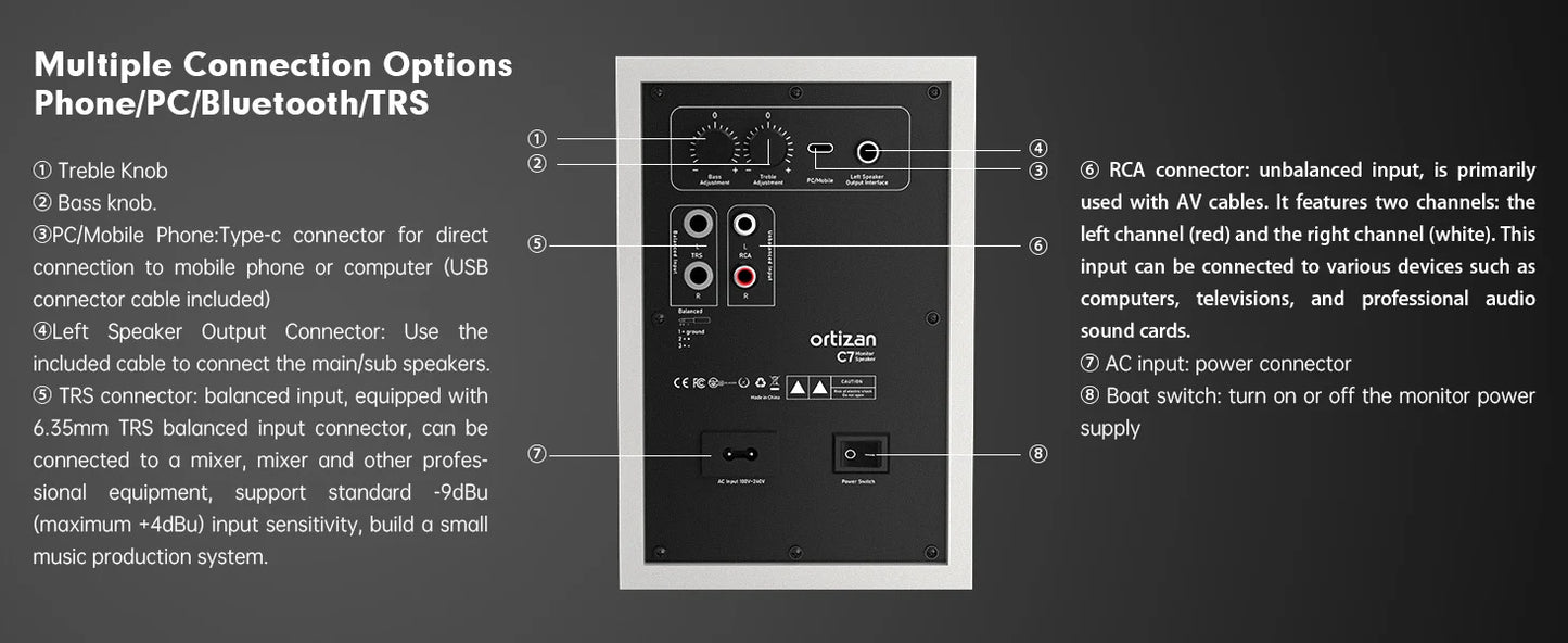 Ortizan C7 Dual-Mode 2.0 Studio Monitors, Active Monitor Speakers for Near Field Music Production, Bluetooth Computer Speakers