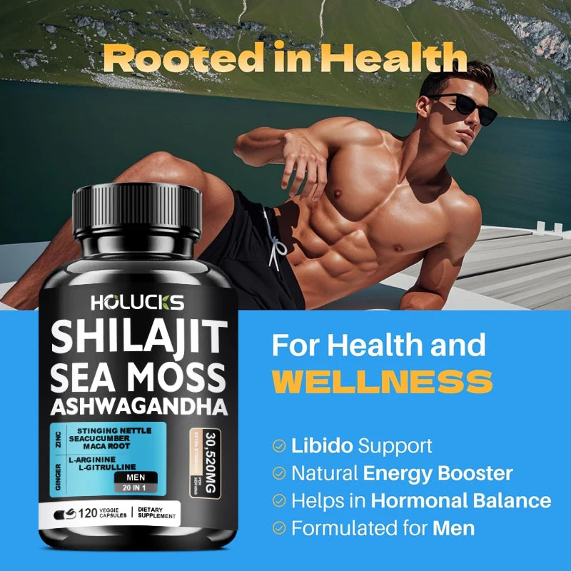 Sea Moss Shilajit Ashwagandha Capsules, Natural Herbal Supplement for Energy, Immune Support, Vitality & Daily Wellness for Men