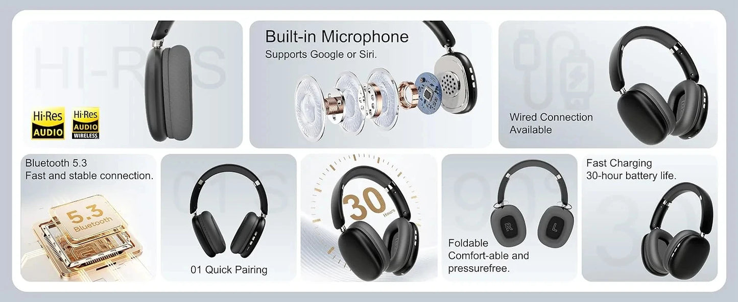 Wireless Bluetooth Headphones High-Resolution Audio Foldable Lightweight Deep Bass Long-Lasting Earphones