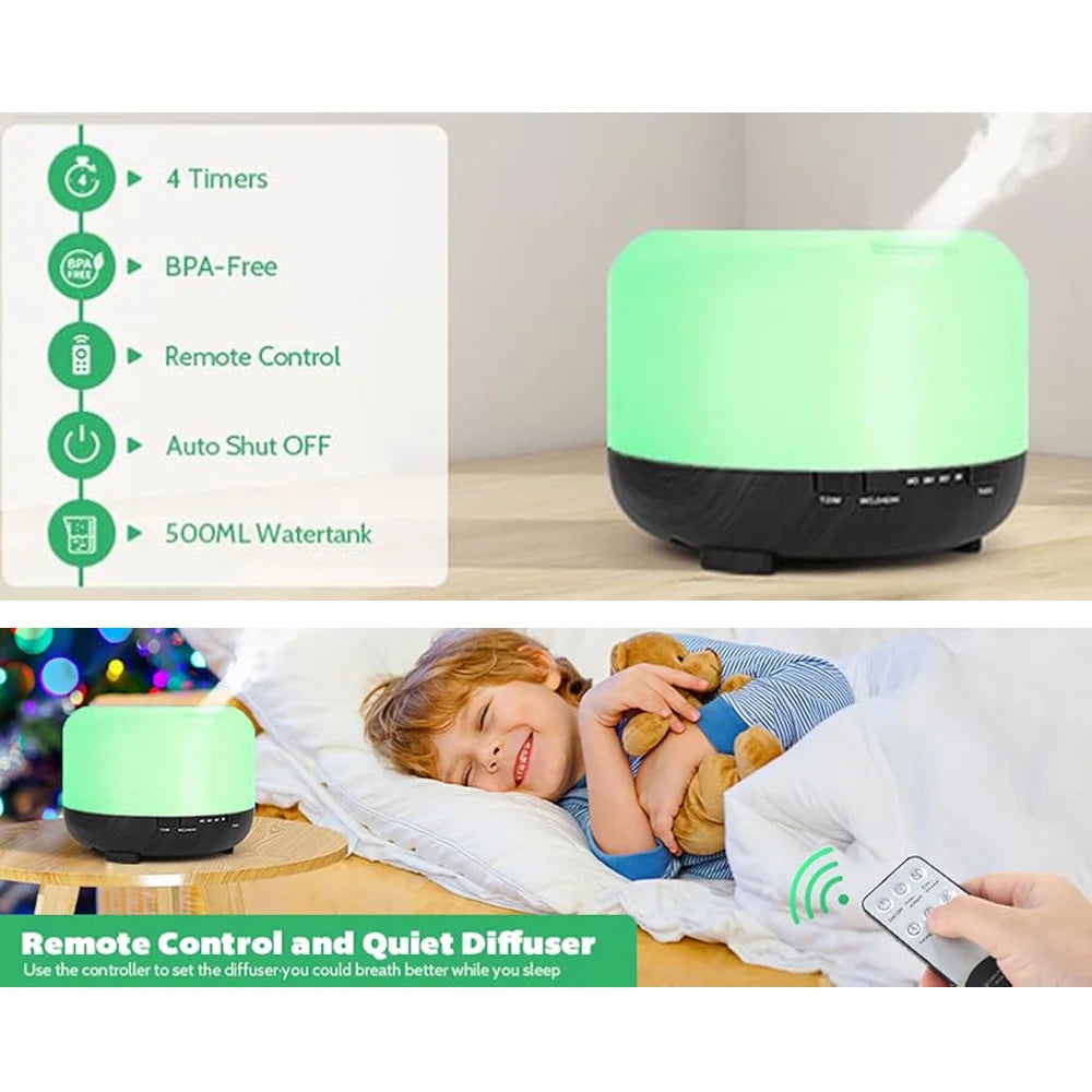 500ml Ultrasonic Essential Oil Diffuser with Remote Control for Large Rooms Quiet Aromatherapy Humidifier for Home Wellness