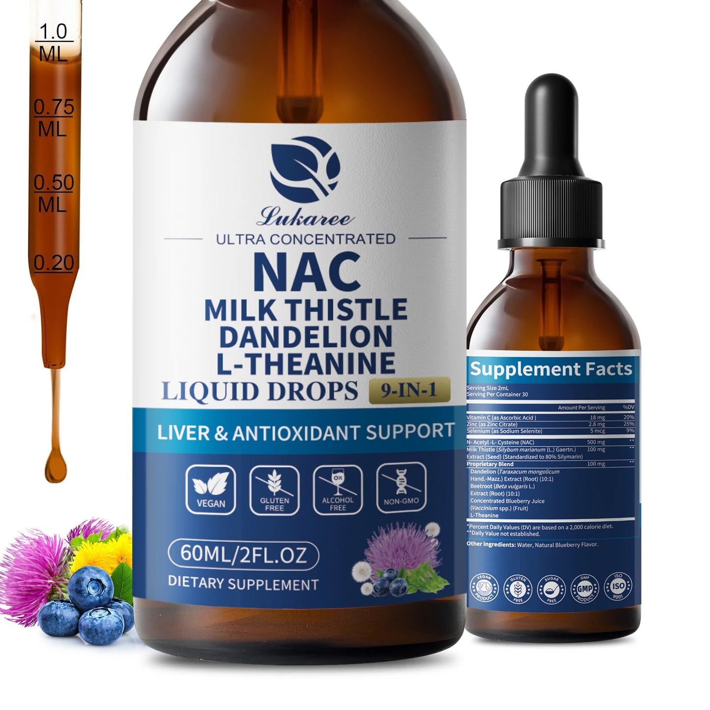 Lukaree Ultra-Concentrated 500mg NAC Drop Milk Thistle for Liver& Lung Health,Antioxidants,Brain Wellness & Immune Support