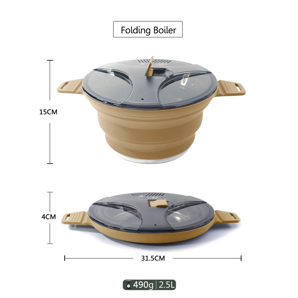 Portable Folding Pot Lunch Box Camping Pot Set with 2 Foldable Bowls Silicone Cooking Food Container Outdoor Camping Tableware