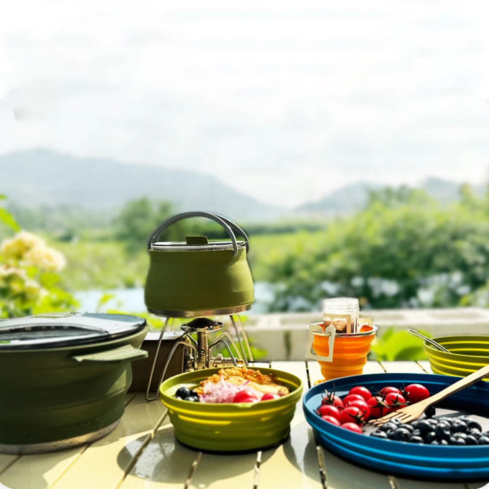 Portable Folding Pot Lunch Box Camping Pot Set with 2 Foldable Bowls Silicone Cooking Food Container Outdoor Camping Tableware