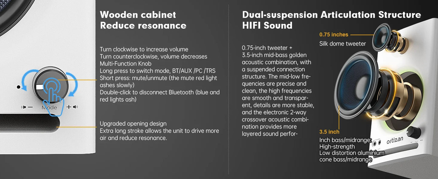 Ortizan C7 Dual-Mode 2.0 Studio Monitors, Active Monitor Speakers for Near Field Music Production, Bluetooth Computer Speakers