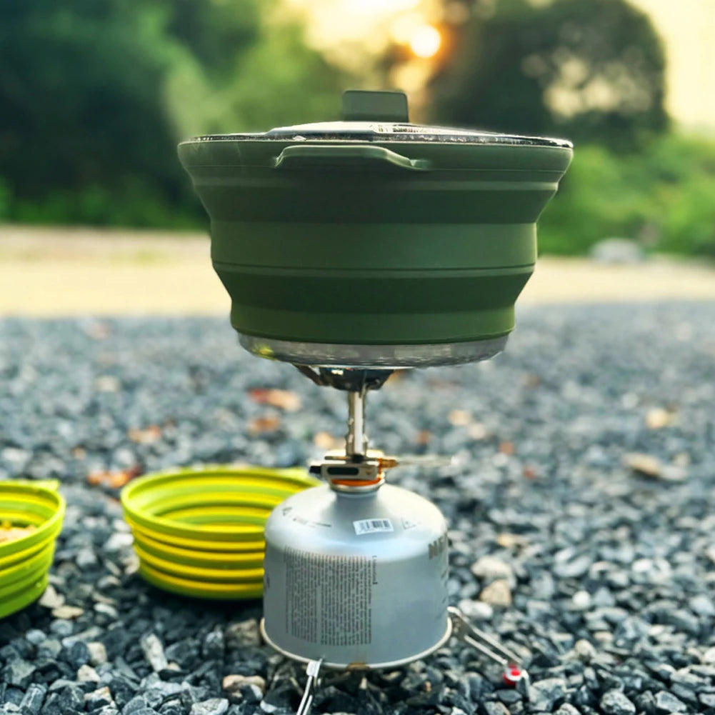 Portable Folding Pot Lunch Box Camping Pot Set with 2 Foldable Bowls Silicone Cooking Food Container Outdoor Camping Tableware