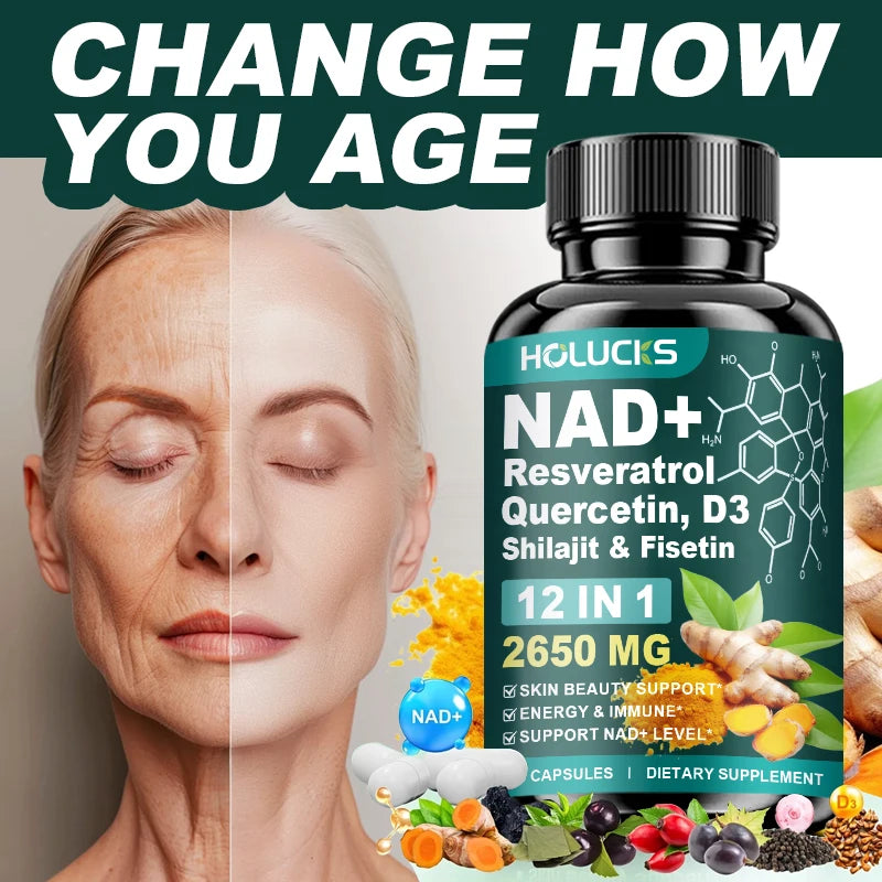 NAD+ Capsules Boost-with Resveratrol Supplement, 12 in 1, Enhance Cellular Vitality, Support Energy & Focus, Immune, Skin Health