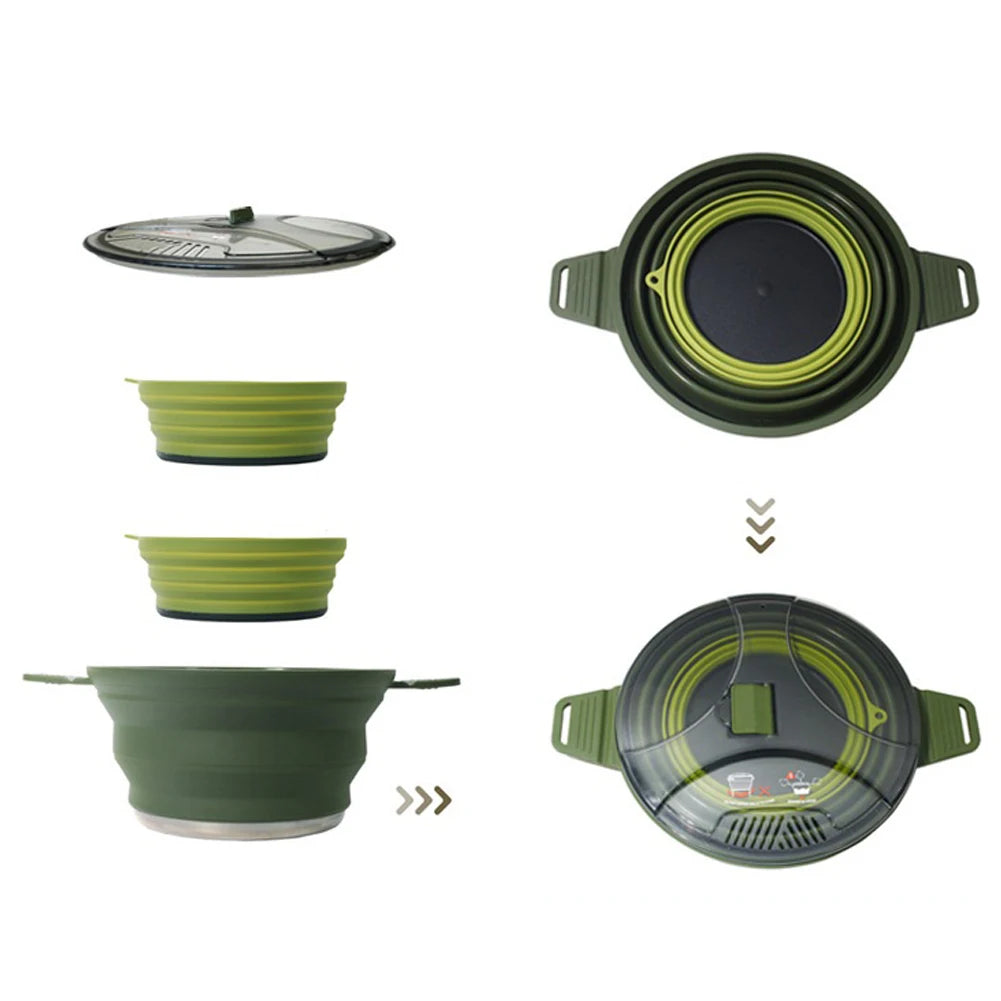 Portable Folding Pot Lunch Box Camping Pot Set with 2 Foldable Bowls Silicone Cooking Food Container Outdoor Camping Tableware