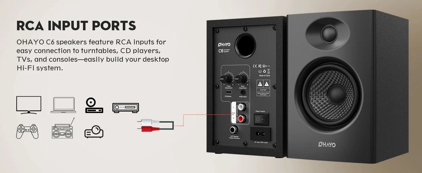 OHAYO Active Bluetooth 5.3 Bookshelf Speakers, 60W MDF Wooden Speaker Unit , 2.0 Computer PC Monitor Gaming Speakers,RCA/AUX/USB