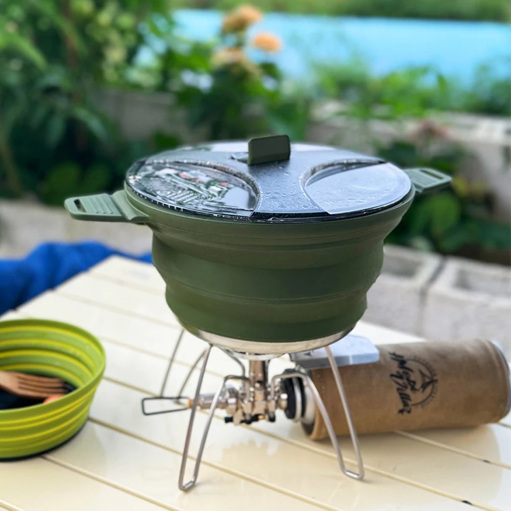 Portable Folding Pot Lunch Box Camping Pot Set with 2 Foldable Bowls Silicone Cooking Food Container Outdoor Camping Tableware