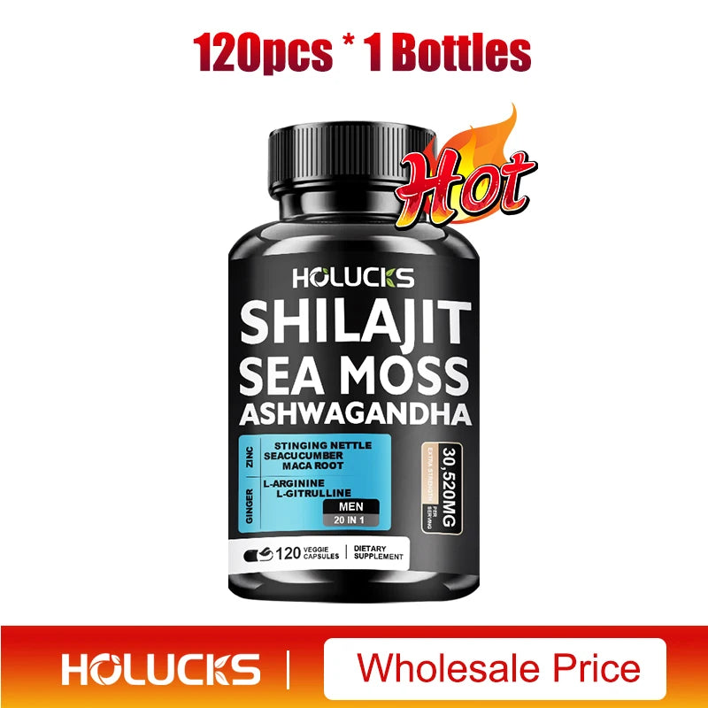 Sea Moss Shilajit Ashwagandha Capsules, Natural Herbal Supplement for Energy, Immune Support, Vitality & Daily Wellness for Men