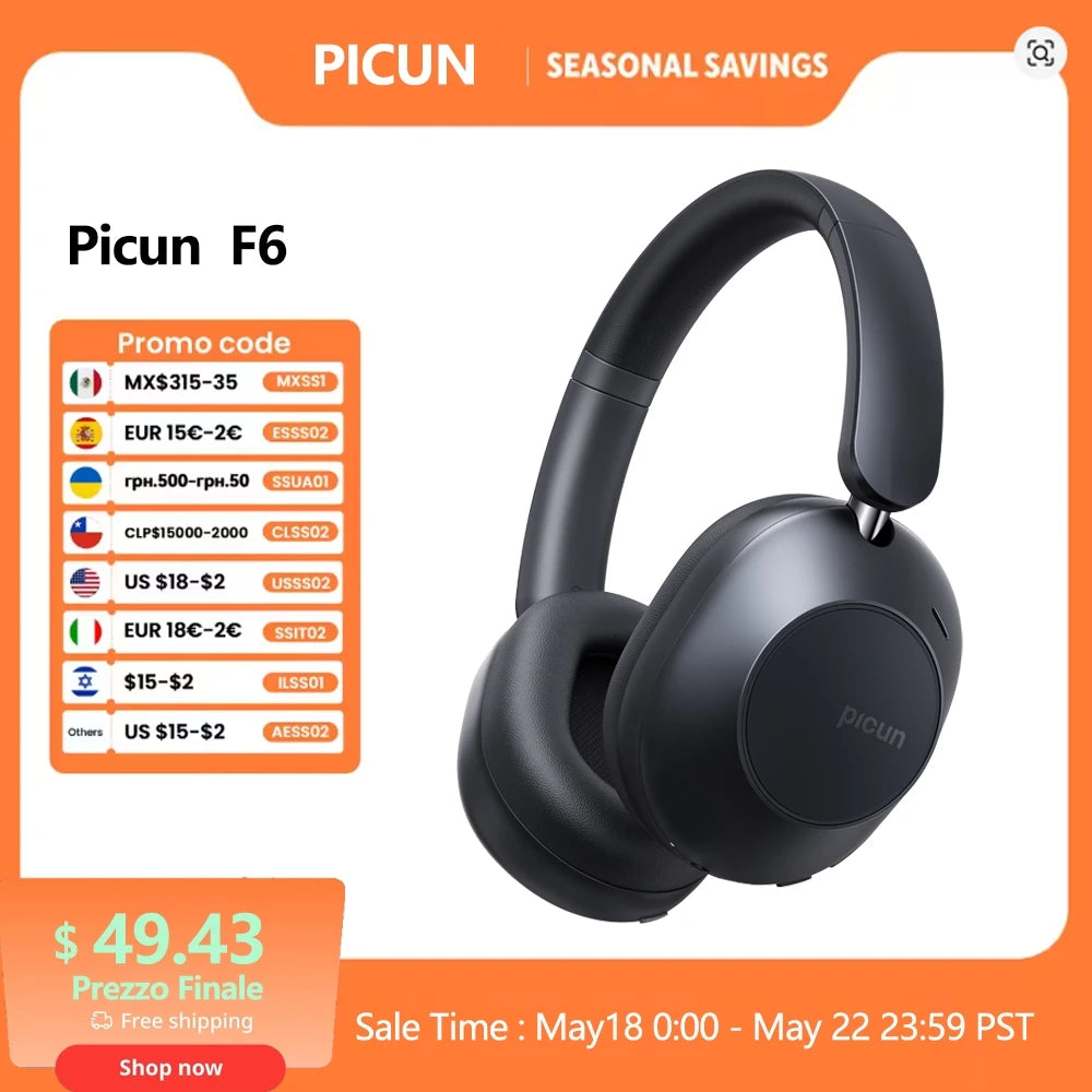 Picun F6 Active Noise Cancelling Wireless Headphones Head Tracking 3D Audio 40mm Hi-Res ANC Bluetooth Headset HIFI APP Control