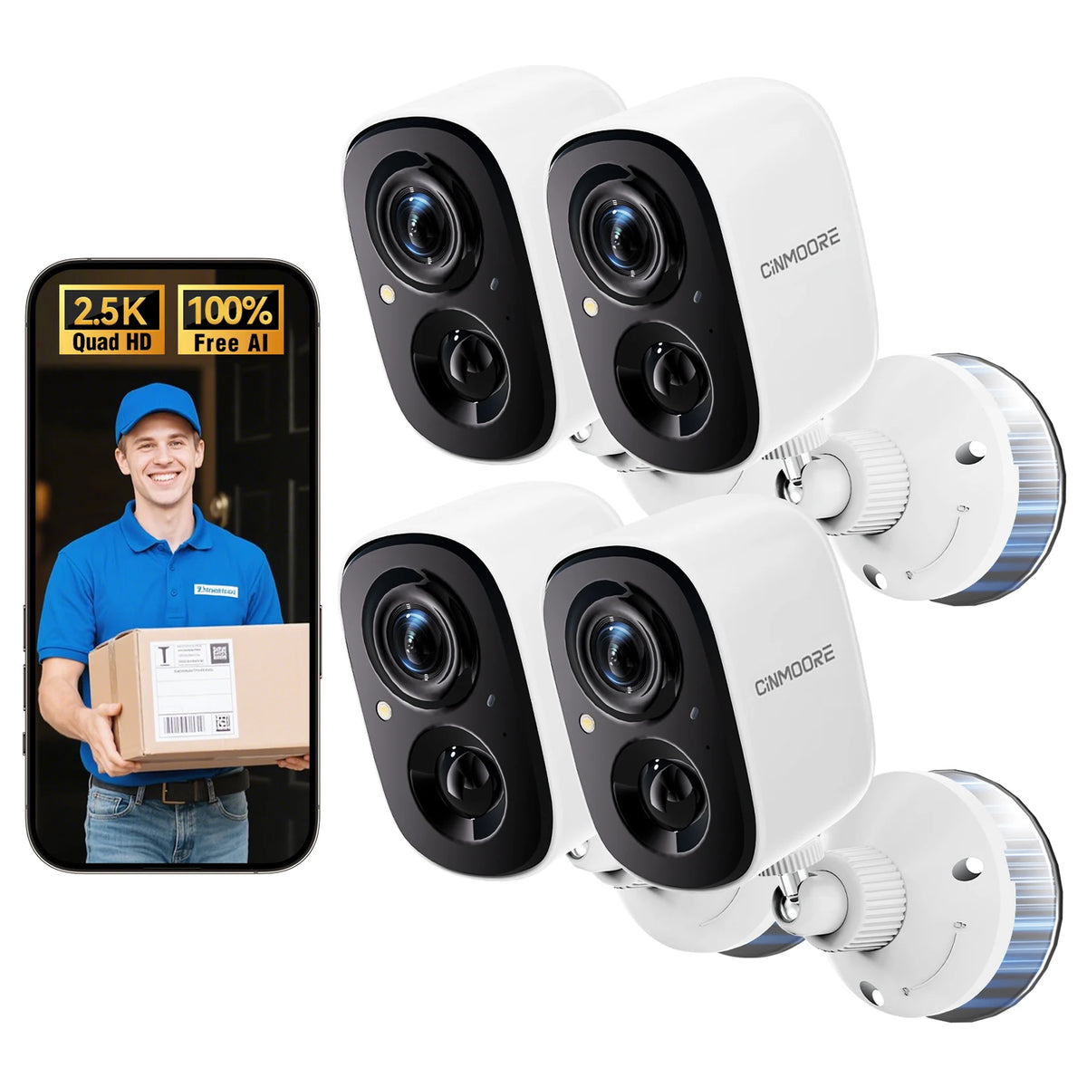CINMOORE 2.5K 4MP 2.4G WiFi Wireless Battery Powered Home Security Cameras Outdoor AI Detection IP66 IP Surveillance Camera