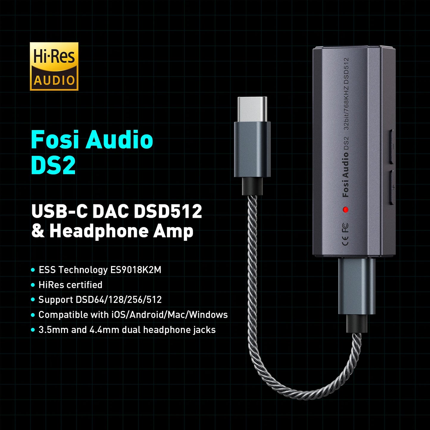 Fosi Audio DS2 DS512 HiFi DAC Headphone Amplifier Mini Audio USB DAC Amp Support 32bit/768kHz with 3.5MM & 4.4MM Dual Outputs