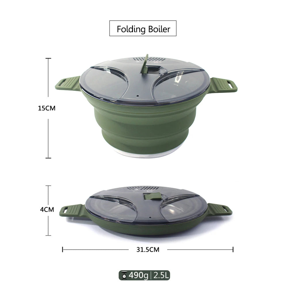 Portable Folding Pot Lunch Box Camping Pot Set with 2 Foldable Bowls Silicone Cooking Food Container Outdoor Camping Tableware
