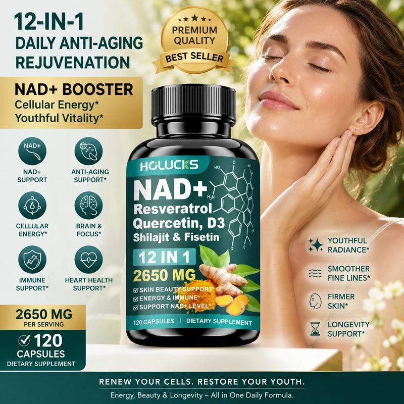 NAD+ Capsules Boost-with Resveratrol Supplement, 12 in 1, Enhance Cellular Vitality, Support Energy & Focus, Immune, Skin Health