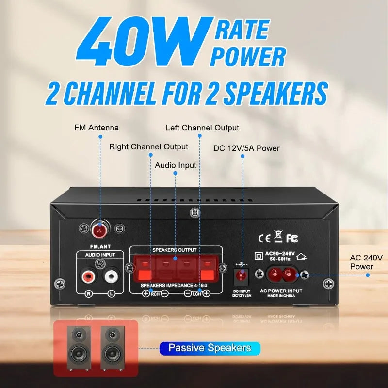 AK45 Stereo Audio Amplifier,Rated Power 40W Home 2 Channel Wireless Bluetooth 5.0 Power Amplifier System, Home Amplifiers