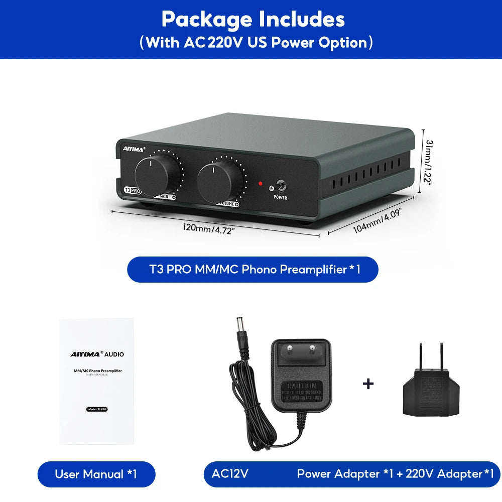 AIYIMA Audio T3 Pro Mini MM/MC Phono Preamplifier for Turntable Phonograph Vinyl Record Player Stereo Preamp Gain adjustment