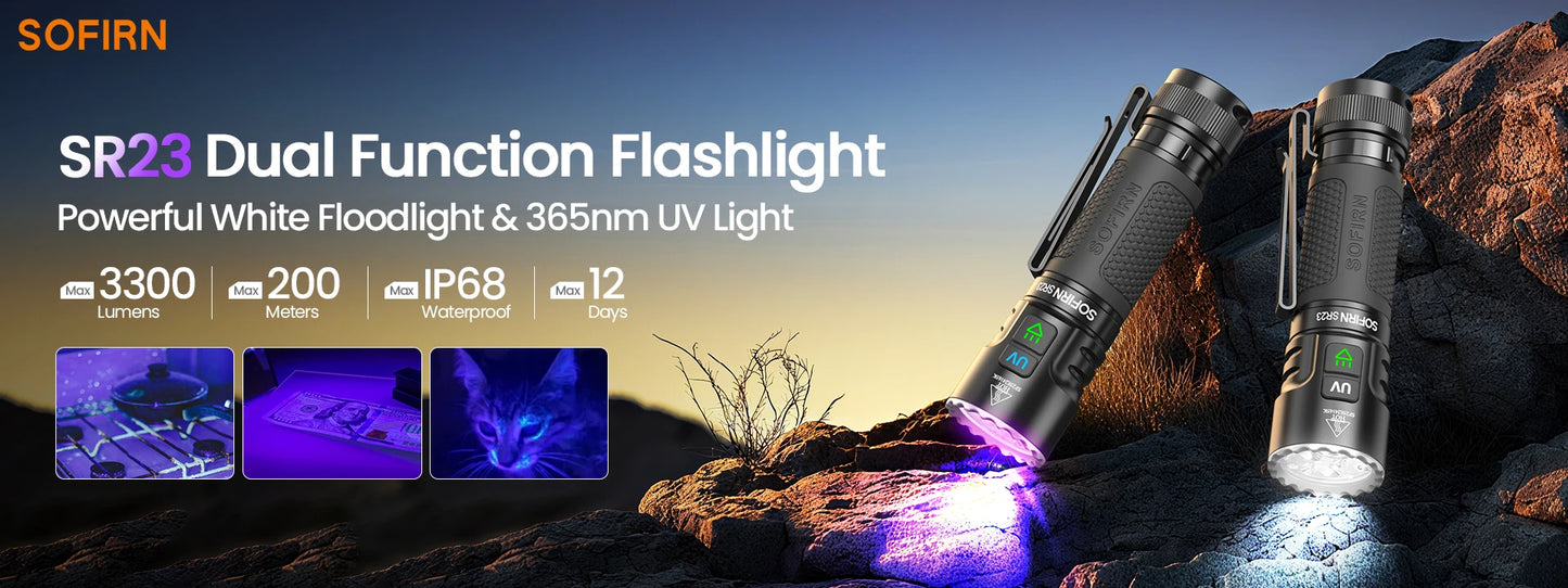 SOFIRN SR23 3300LM 6500K Flashlight UV 365nm EDC Light 21700 USB C Rechargeable Dual Switch Torch with Magnetic Tailcap