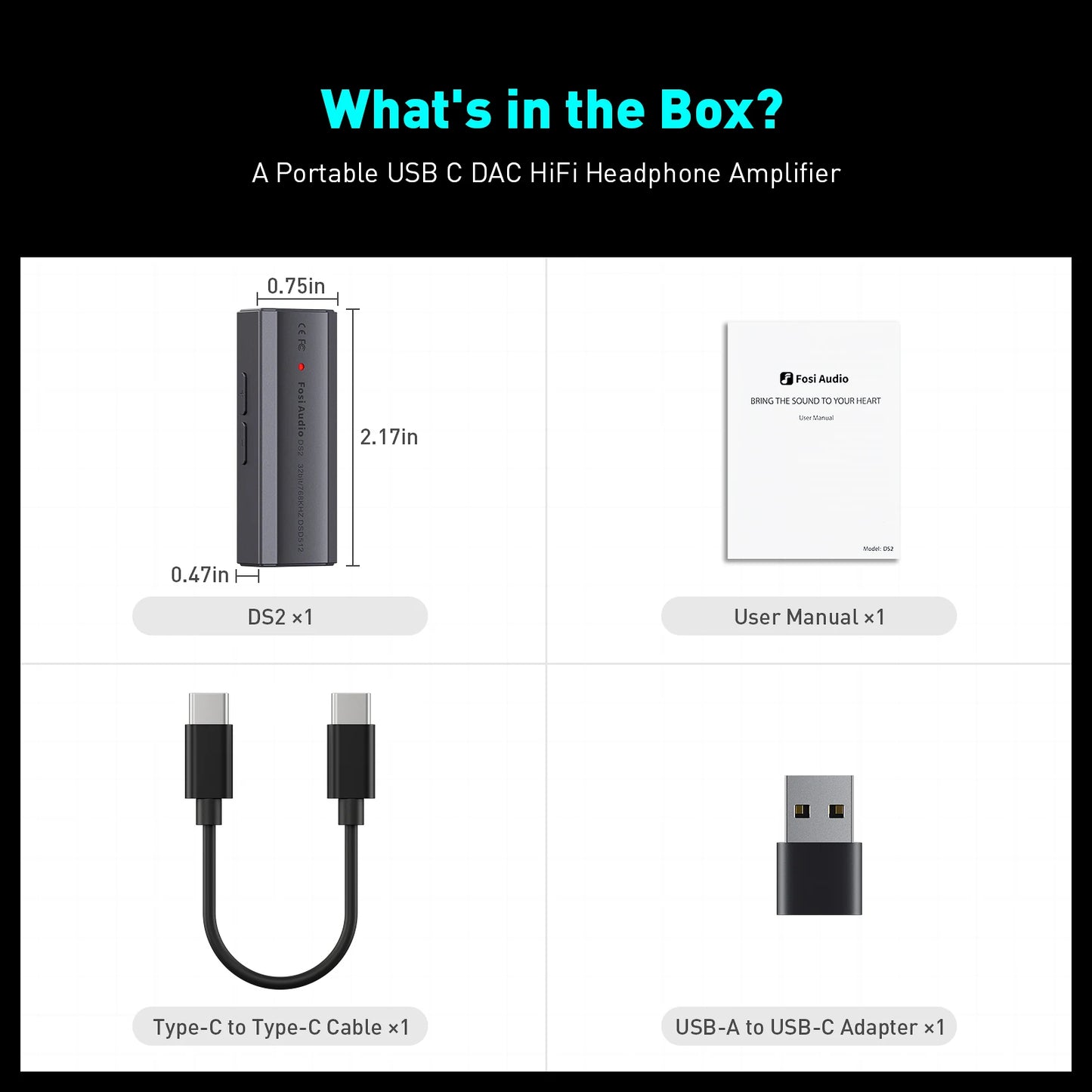 Fosi Audio DS2 DS512 HiFi DAC Headphone Amplifier Mini Audio USB DAC Amp Support 32bit/768kHz with 3.5MM & 4.4MM Dual Outputs