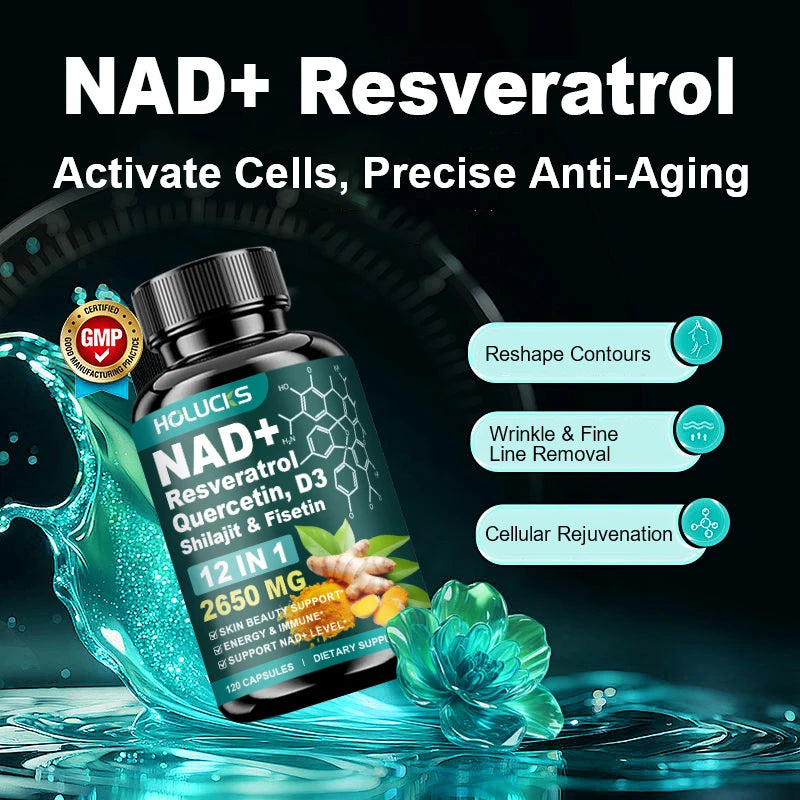 NAD+ Capsules Boost-with Resveratrol Supplement, 12 in 1, Enhance Cellular Vitality, Support Energy & Focus, Immune, Skin Health