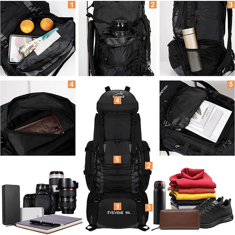 90L Large Camping Backpack Travel Bag Men's Women Luggage Hiking Shoulder Bags Outdoor Climbing Trekking Sports Rucksack Nylon