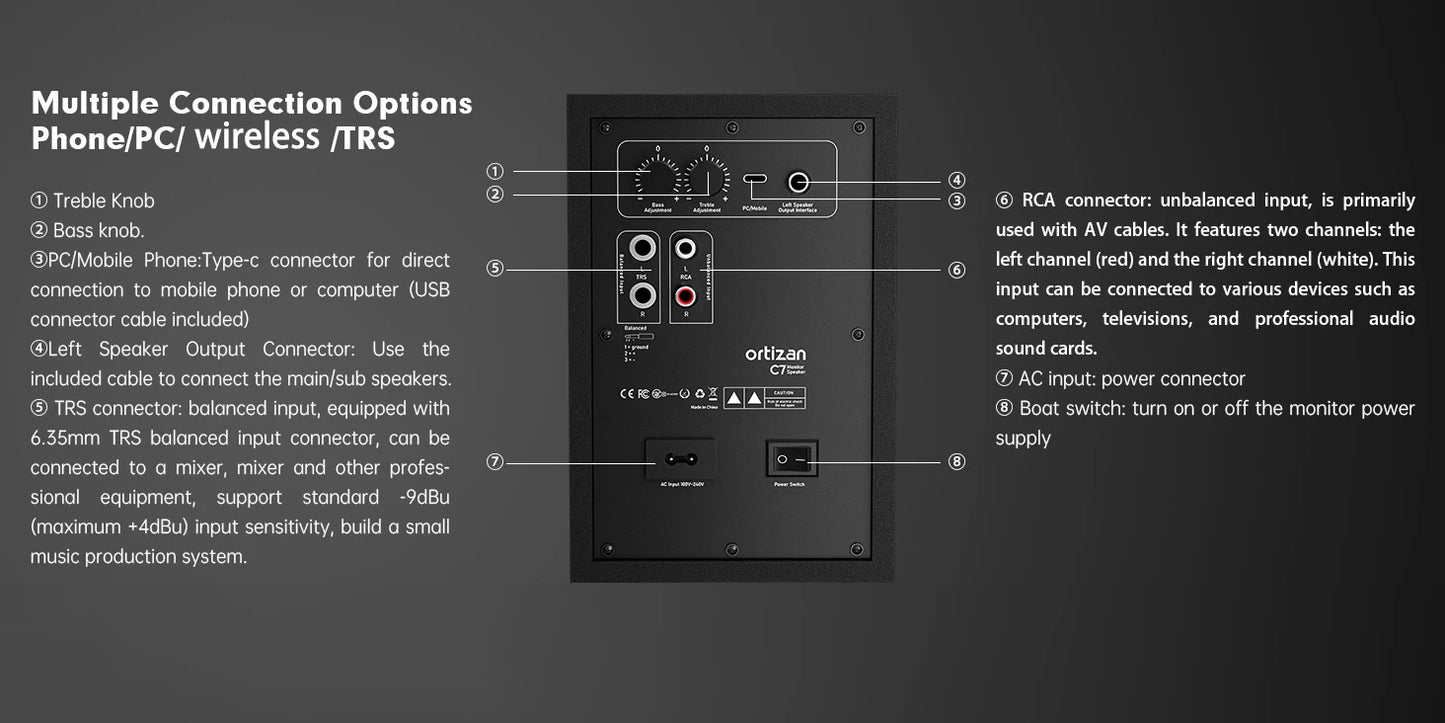 Ortizan C7 Dual-Mode 2.0 Studio Monitors, Active Monitor Speakers for Near Field Music Production, Bluetooth 5.3 Wireless