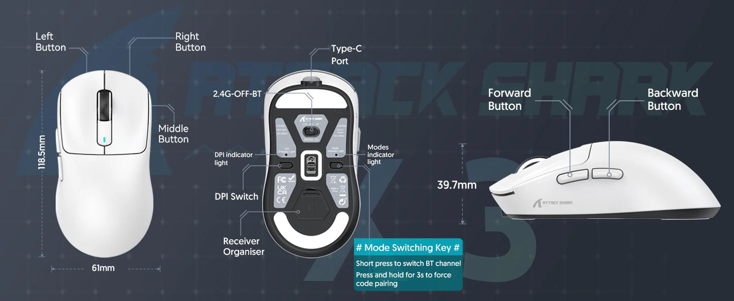 ATTACK SHARK X3 Wireless Gaming Mouse,49g Ergonomic PC Mouse,Triple Modes PAW3395 26K DPI Optical Sensor,Programmable Buttons