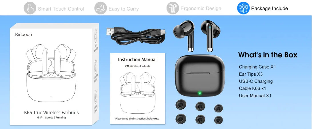 K66 Noise Cancelling Earbuds, 90% ANC Reduction, 14.2mm Hi-Res Sound, BT 5.3, IPX7 Waterproof, 48H Playtime