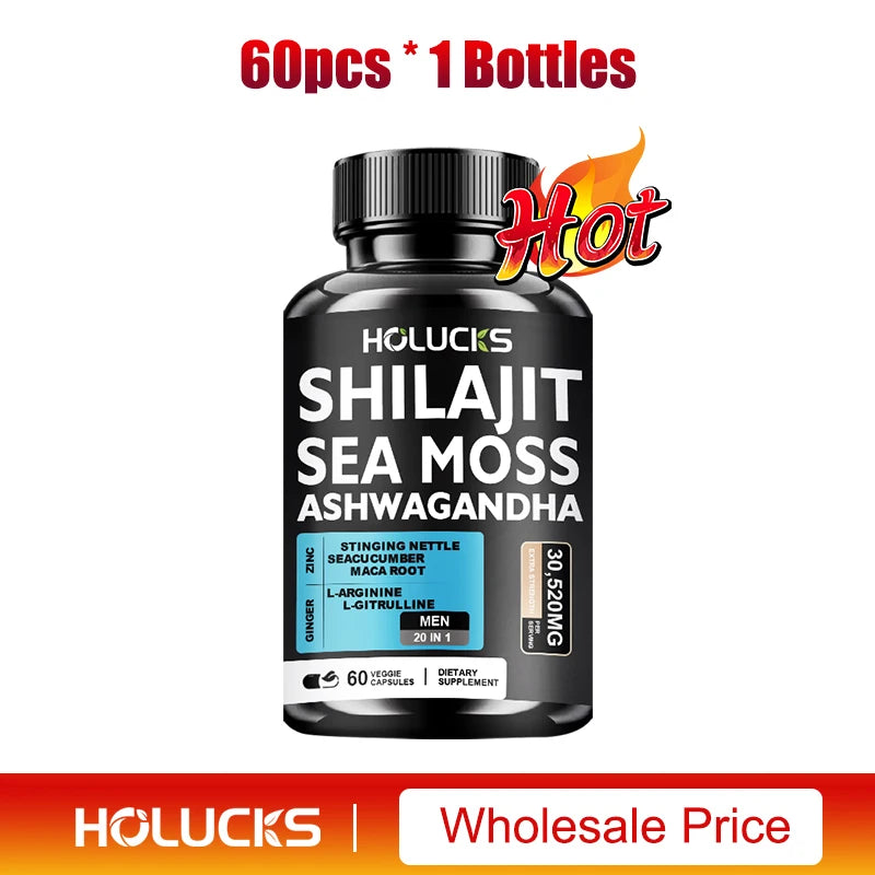 Sea Moss Shilajit Ashwagandha Capsules, Natural Herbal Supplement for Energy, Immune Support, Vitality & Daily Wellness for Men