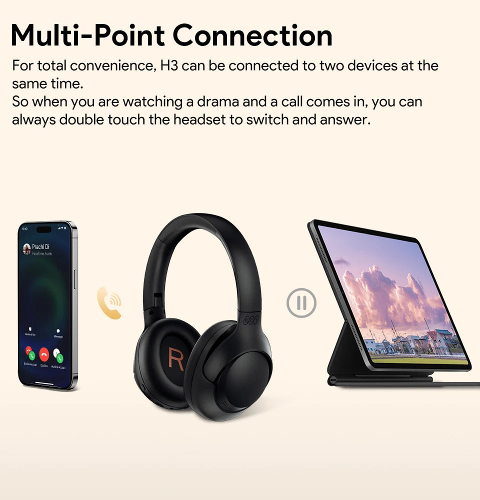QCY H3 ANC 43dB Active Noise Cancellation Headphones Hi-Res Audio Wireless Earphones Bluetooth 5.4 Over the Ear Headsets 60Hrs