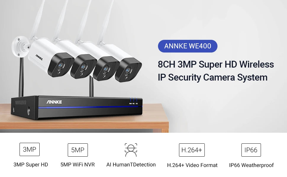 ANNKE 2PCS 3MP Home WiFi Surveillance Camera IP H.265 Audio Recording Weatherproof Night Vision IR CCTV Security Cameras System